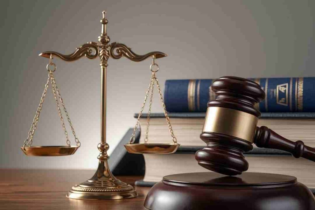 Scales of justice and a gavel near blue law books.